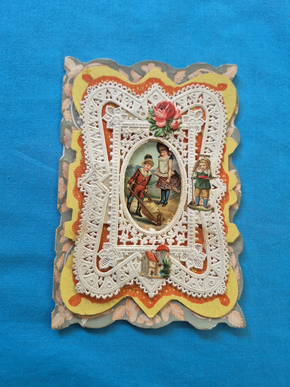 Antique Victorian Boy and Girl Lace Embossed 3D Card Poem Affection Valentine